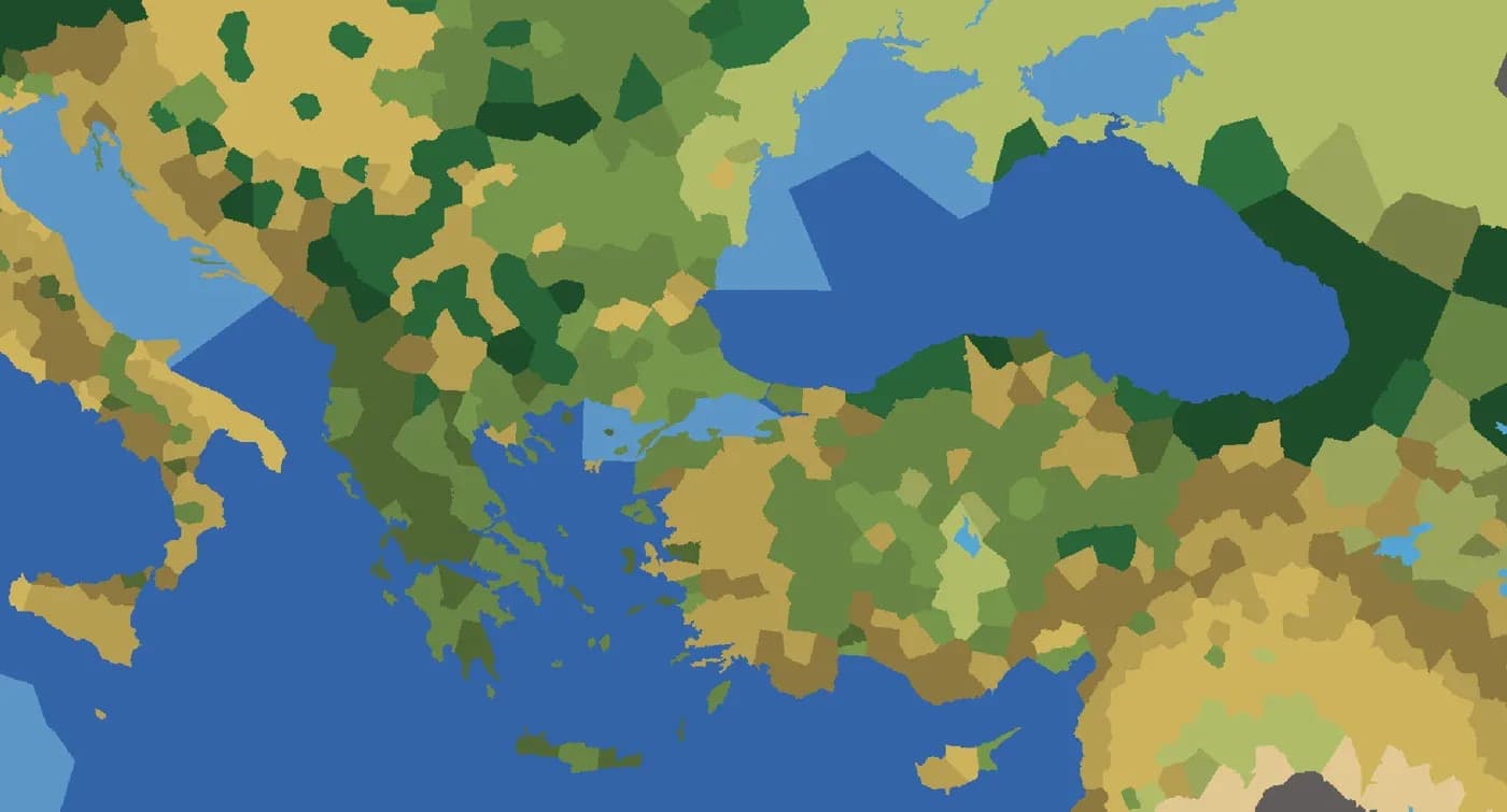 Balkanlar, Anadolu ve Karadeniz yakından, arazi görünümünde: her konum kendi arazi rengiyle boyanmış; dağlık konumlar kahverengi, ormanlar yeşil, Karadeniz ve Ege mavi.