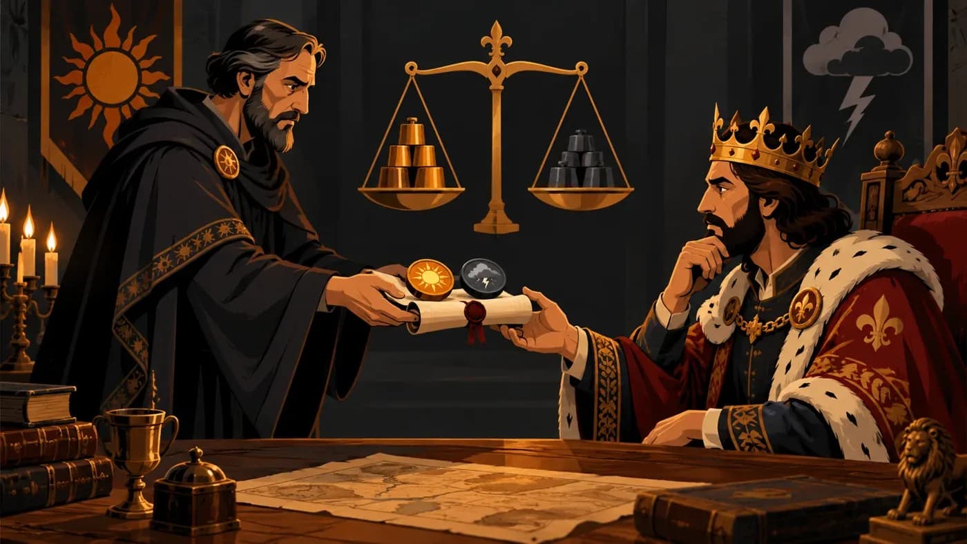 Konsey masasında koyu cübbeli bir danışman, iki seçenek jetonu olan mühürlü bir fermanı taçlı hükümdara uzatıyor; arkada artı ve eksi ağırlıkları gösteren bir terazi var.