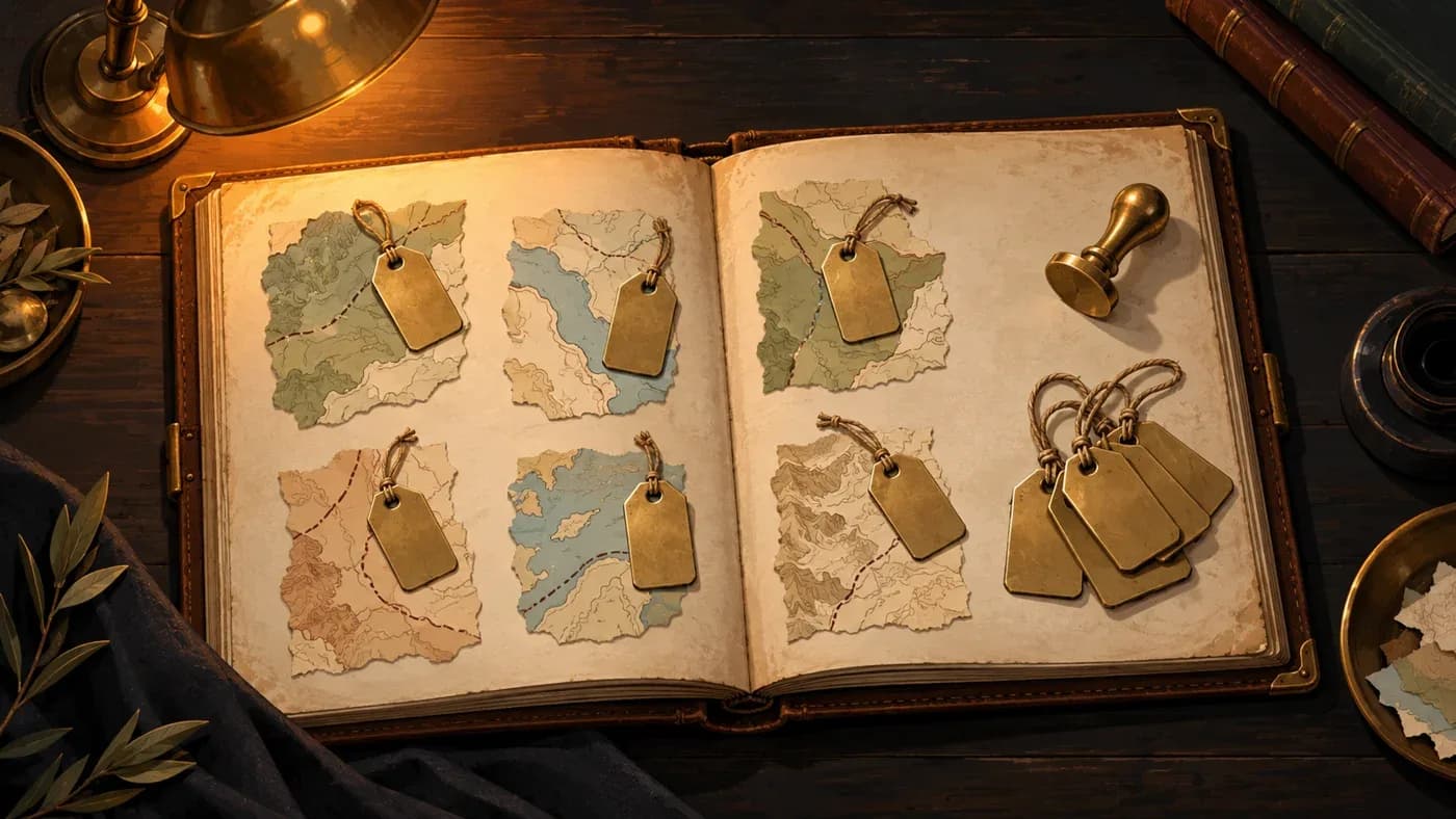 Açık bir deri ciltli defter; sayfalarında pirinç etiketli harita parçaları ve yanında bir mühür, loş ahşap masada