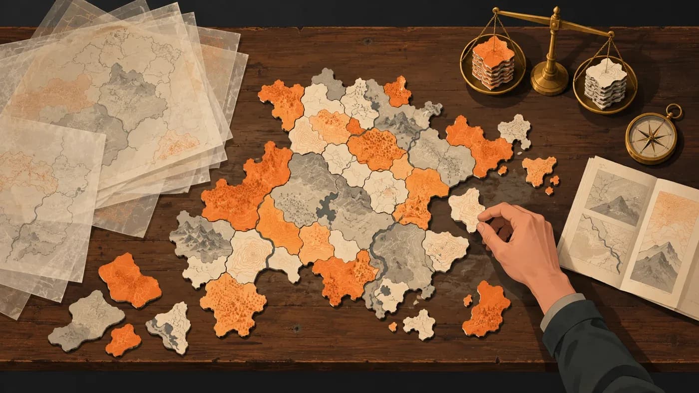 Ahşap bir çalışma masasında üst üste yarı saydam harita kâğıtları, puzzle parçalarına bölünmüş renkli haritalar ve bir terazi